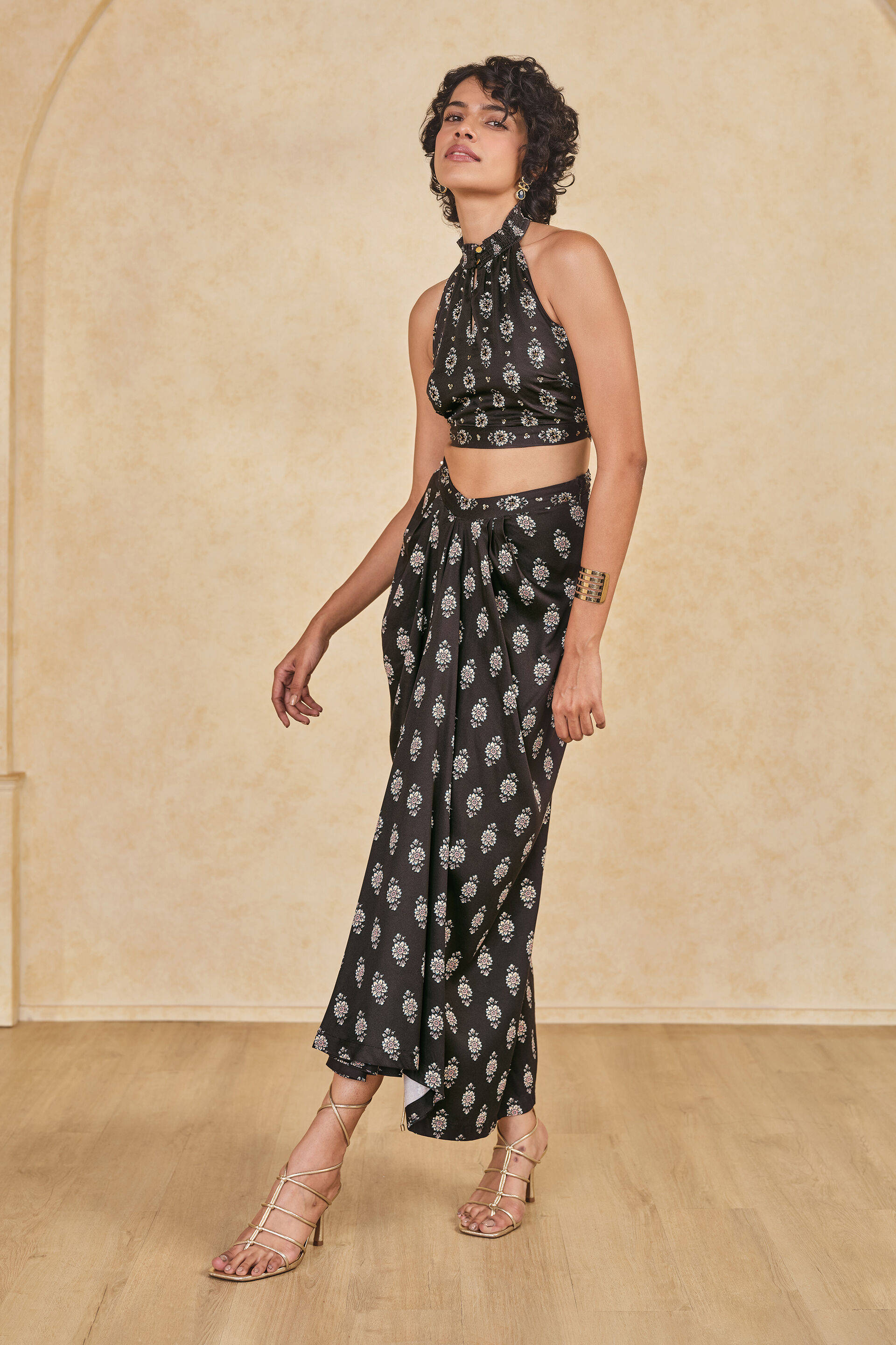 Black Viscose Draped Skirt & Halter Top Set, Black, image 3